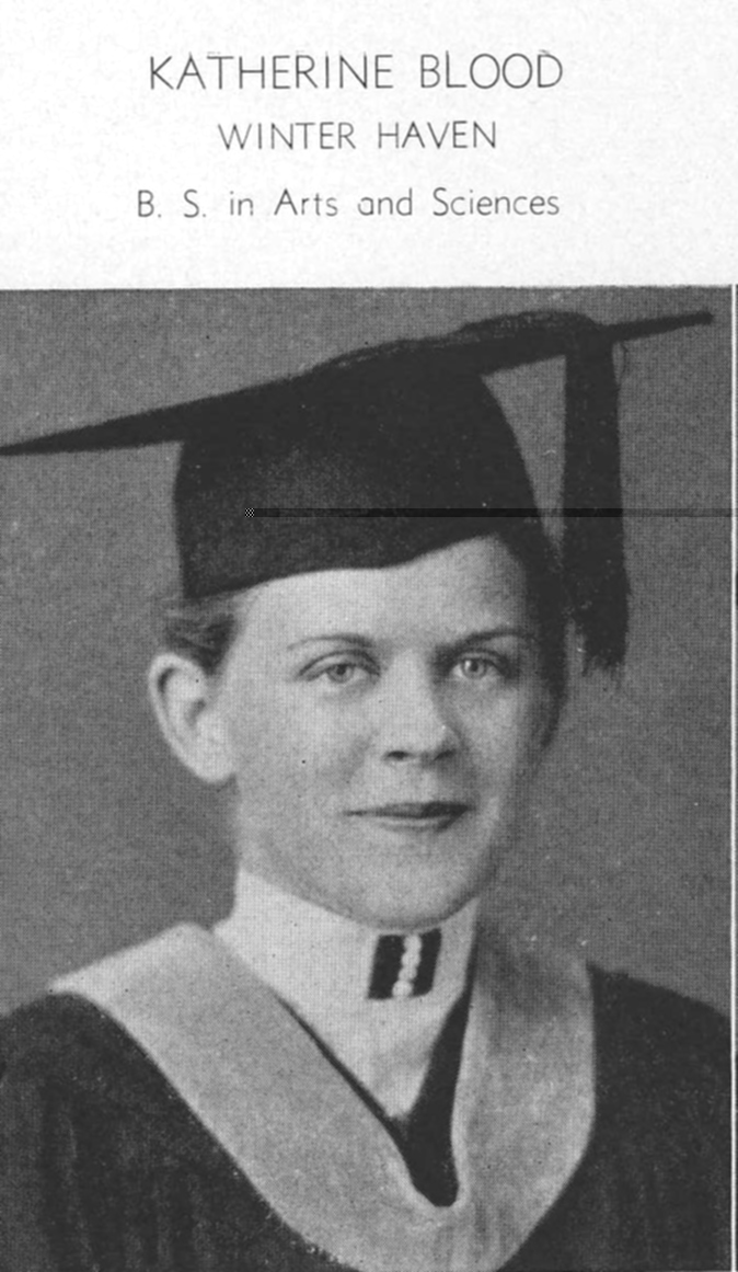 A photo of Katherine Blood in her graduation cap and gown after receiving her B. S. in Arts and Sciences 