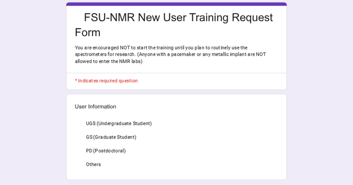 FSU-NMR New User Training Request Form